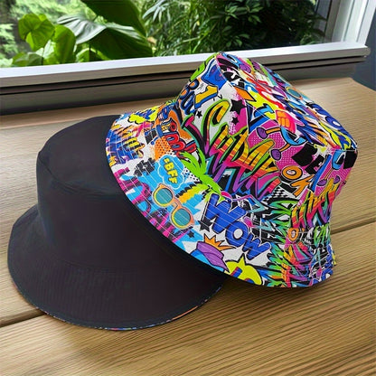 Bucket Hat - Unisex - Graffiti Print - Reversible Closure - Hand Washable - 100% Polyester Lightweight Fabric - Tie-Dye Pattern - Handmade Printing - All-Season Outdoor Fashion Accessory - For New Year Celebration