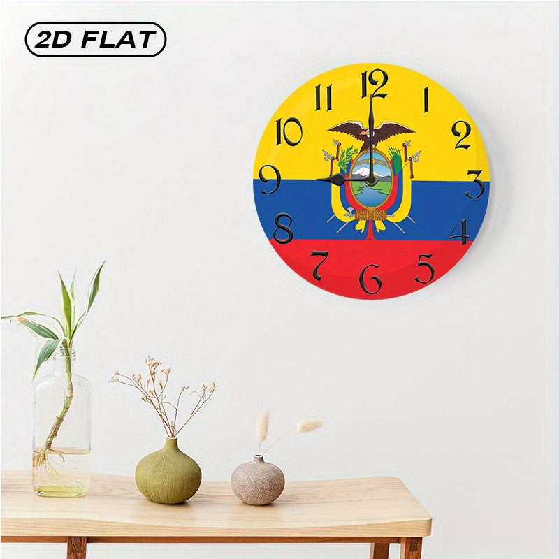 1pc Rustic Farmhouse Ecuador Flag Wooden Wall Clock, Silent Quartz Movement, Round Shape, AA Battery Operated (Not Included), Decorative Inspirational Timepiece for Kitchen, Bedroom, Living Room, Bathroom, Office - 2D Flat De