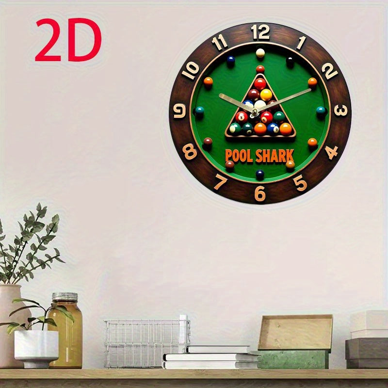 1pc Pool Shark Billiards-Themed Wall Clock - Silent Non-Ticking Quartz Movement, Modern Pool Table Decor with Green Background - Acrylic Game Room, Home, or Office Decoration - Battery-Powered (AA Not Included) - Perfect Gift