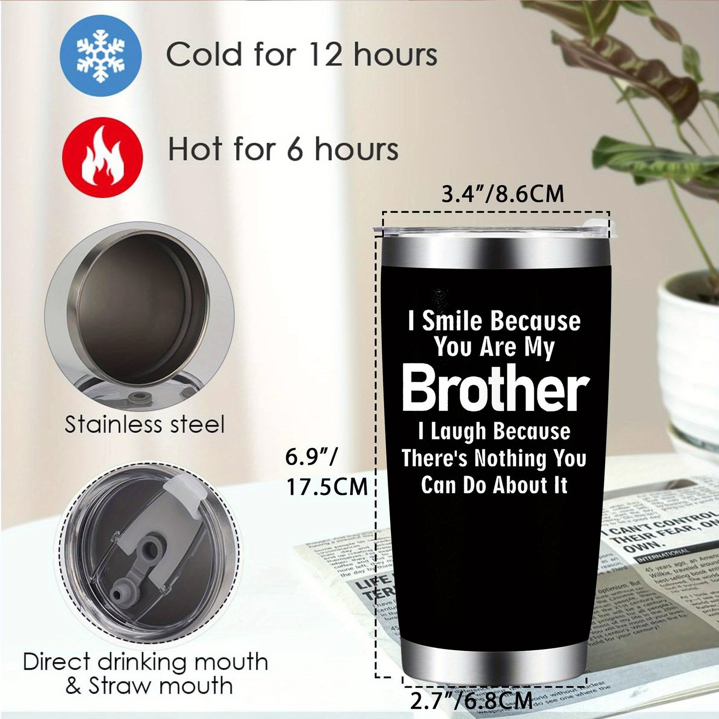 Brother Gifts - 20oz Tumbler Cup, Big Brother Gift, Christmas, Father'S Day, Birthday Gifts from Sister- Stainless Steel Edge Design