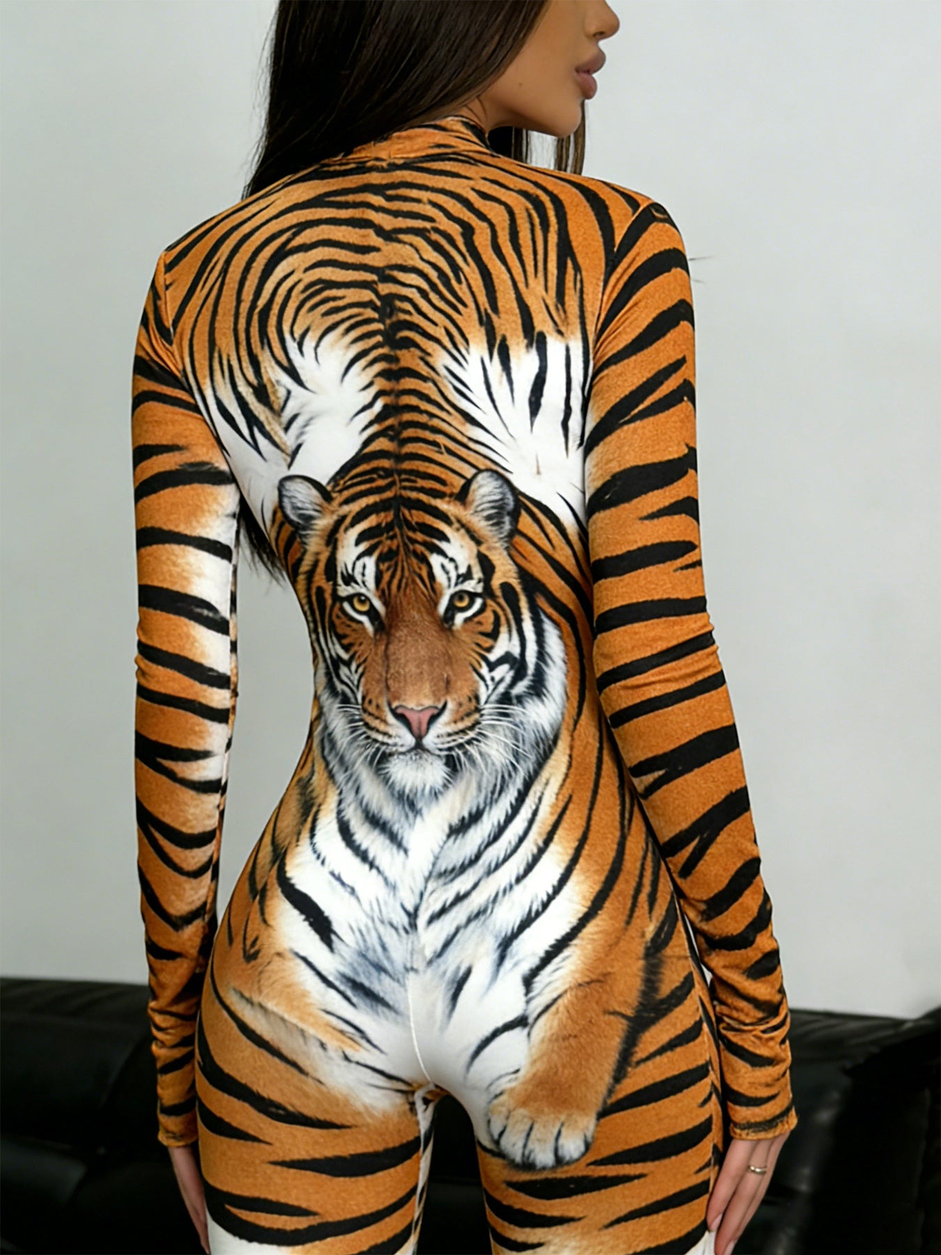 Women's Sexy Tiger Print Bodysuit - Full-Body Jumpsuit with Half-Zip Collar & Long Sleeves, Slim-Fit Stand Collar One-Piece Outfit for, & Streetwear - Machine Washable Tiger Stripe Attire (Year-Round Wear)