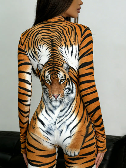 Women's Sexy Tiger Print Bodysuit - Full-Body Jumpsuit with Half-Zip Collar & Long Sleeves, Slim-Fit Stand Collar One-Piece Outfit for, & Streetwear - Machine Washable Tiger Stripe Attire (Year-Round Wear)