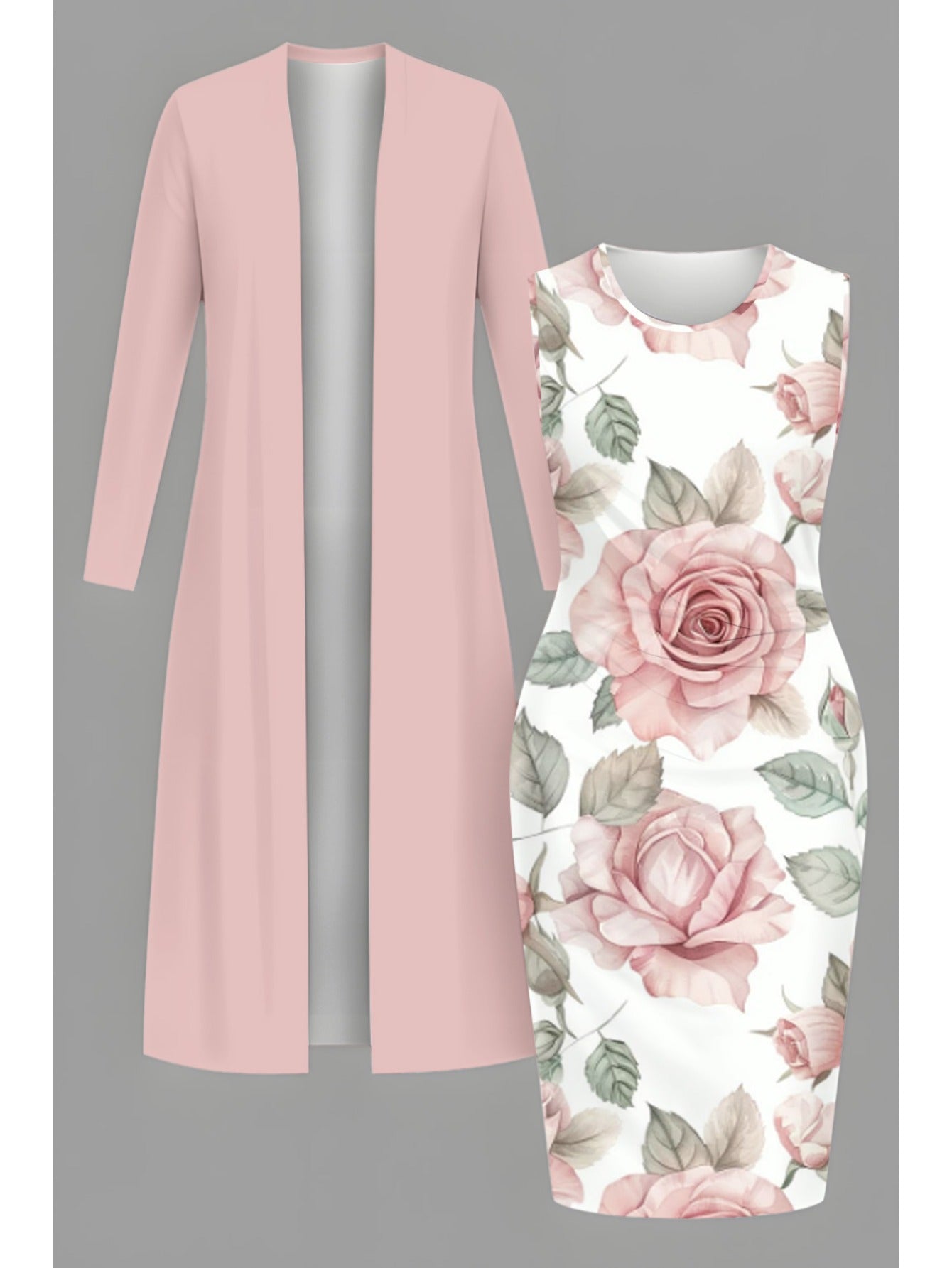 [Hot Item, Plus-Size Dress 2pcs Set] Fashionable, Elegant, and Classy Long Cardigan + Cinched-waist Long Dress Set. A Versatile Casual Outfit Perfect for Holidays, Creating Multiple Styles with One Set. Available in Sizes 1XL