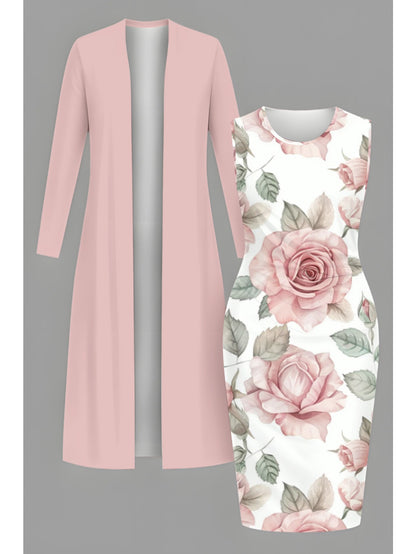 [Hot Item, Plus-Size Dress 2pcs Set] Fashionable, Elegant, and Classy Long Cardigan + Cinched-waist Long Dress Set. A Versatile Casual Outfit Perfect for Holidays, Creating Multiple Styles with One Set. Available in Sizes 1XL