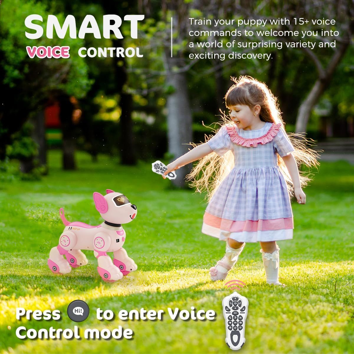 VATOS Interactive Robot Dog Toy with Voice Control & Remote, Smart Robotic Puppy with Touch Sensors, 20+ Responses, Programmable Moves, USB- Interactive Learning Toy with Expressive Eyes & Bark, for Boys & Girls Ages 3+ (Pink