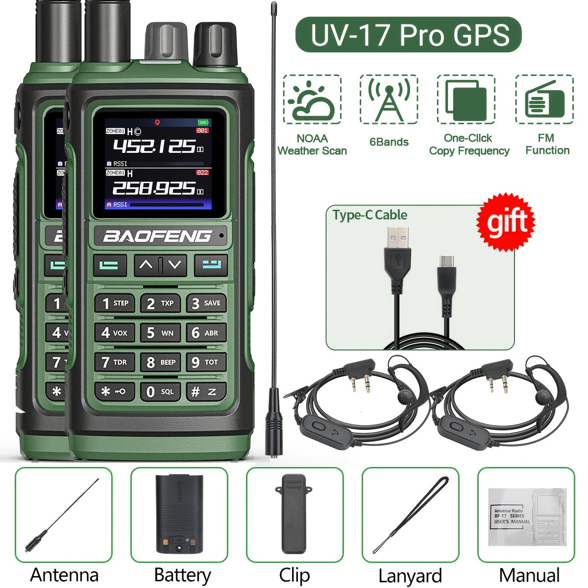2Pack BAOFENG UV-17 PRO GPS Ham Radio Long Range Handheld Upgraded Of UV-17R Walkie Talkie NOAA Weather Receiver Copy Frequency USB Charging 999 Channels Two Way Radio For Hunting Fishing Gear And Equipment