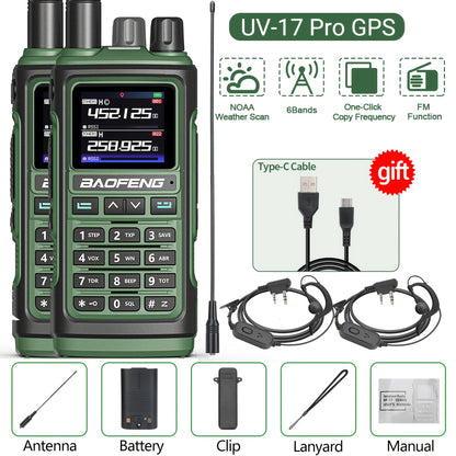 2Pack BAOFENG UV-17 PRO GPS Ham Radio Long Range Handheld Upgraded Of UV-17R Walkie Talkie NOAA Weather Receiver Copy Frequency USB Charging 999 Channels Two Way Radio For Hunting Fishing Gear And Equipment