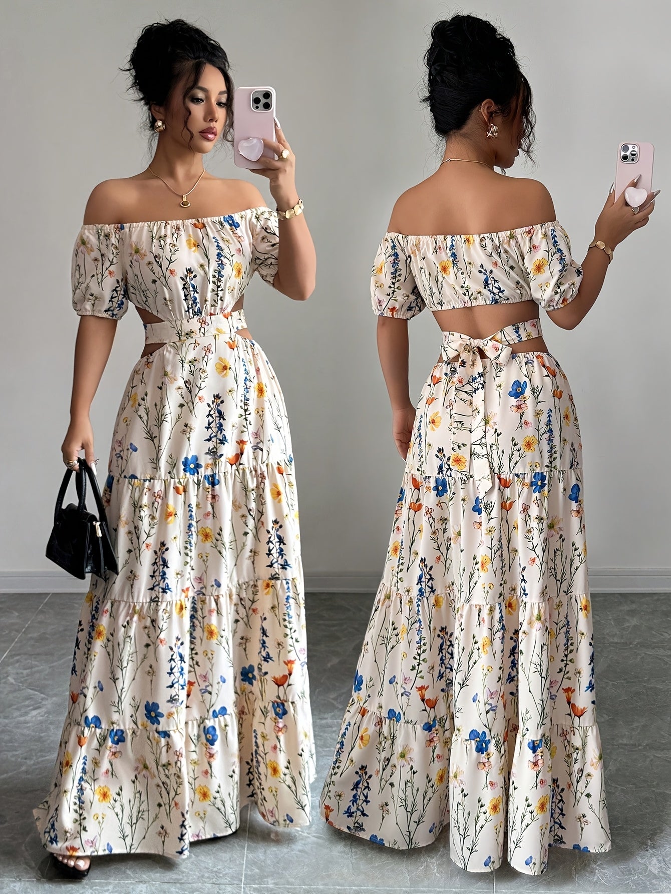 French Romantic Style One-Shoulder Bubble Sleeve Flower Dress Low Back Design Trendy Vacation Maxi Skirt