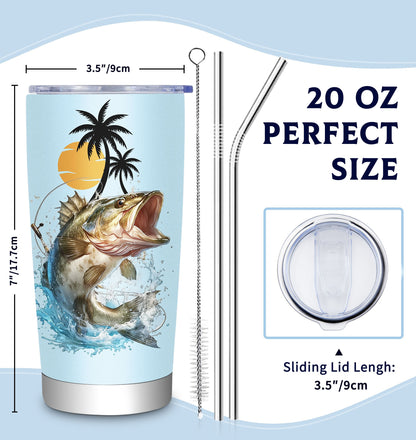 1pc 20oz Stainless Steel Insulated Fishing Tumbler with Cleaning Brush - Double-Wall Vacuum Insulation, Leakproof & -Slip Grip, BPA-Free Travel Mug with Fish Design & "Eat Sleep Fish Repeat" Slogan, Spill-Resistant Lid for Ho
