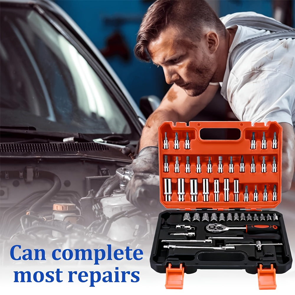 A Collection of 53 Mechanical Tool Kits, Including 1/2" And 1/4" Drive Depth And Standard Sockets, Ergonomic Handles, Ratchet Wrenches, Tools for Automotive And Bicycle Repairs, As Well As Household Maintenance Tools.