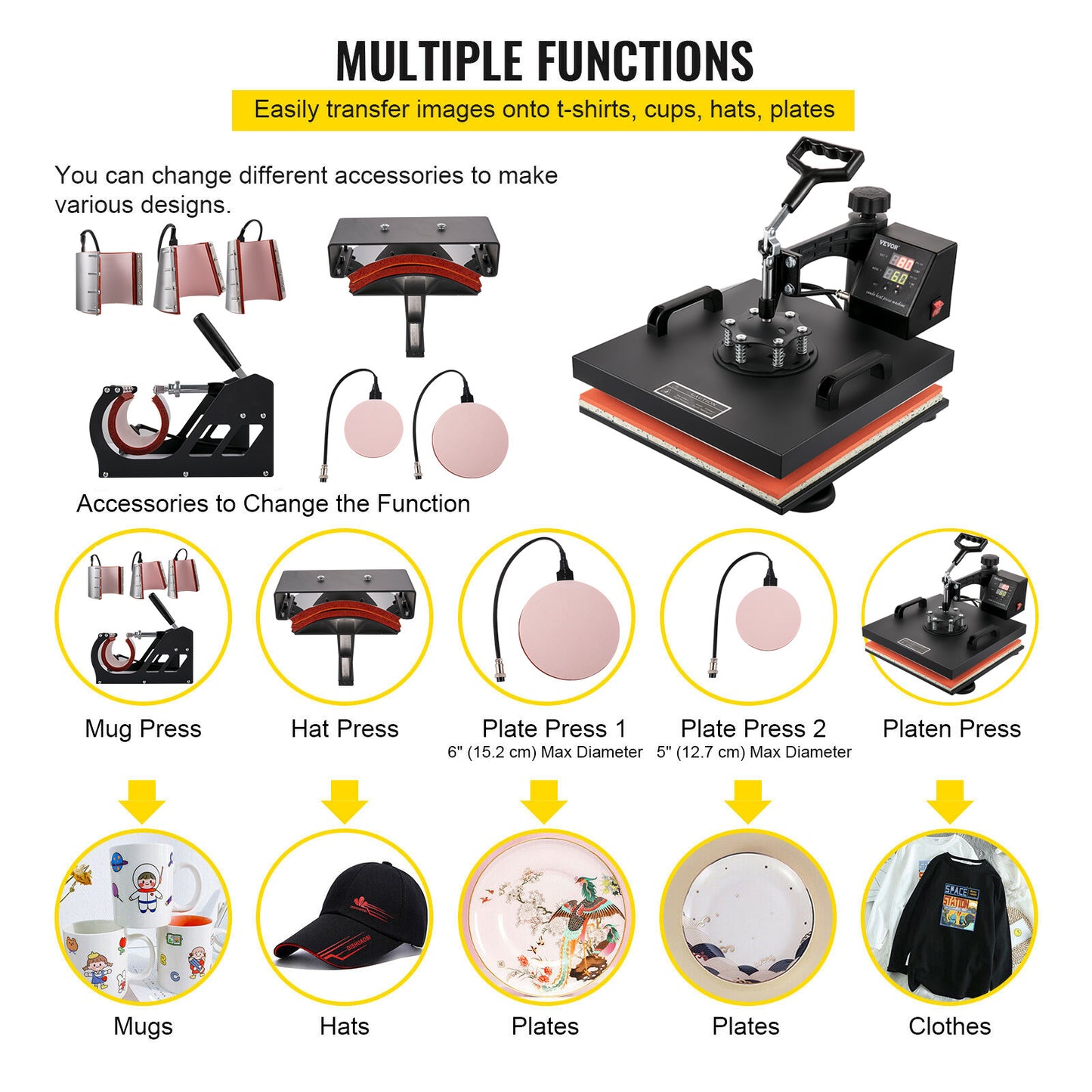 VEVOR Heat Press 15x15 Inch 8 in 1 Heat Press Machine Digital Multifunctional Sublimation Heat Transfer Machine Dual LED Display 360 Degree Rotation Swing Away for Printing T Shirts Hat Mug Cap Plate