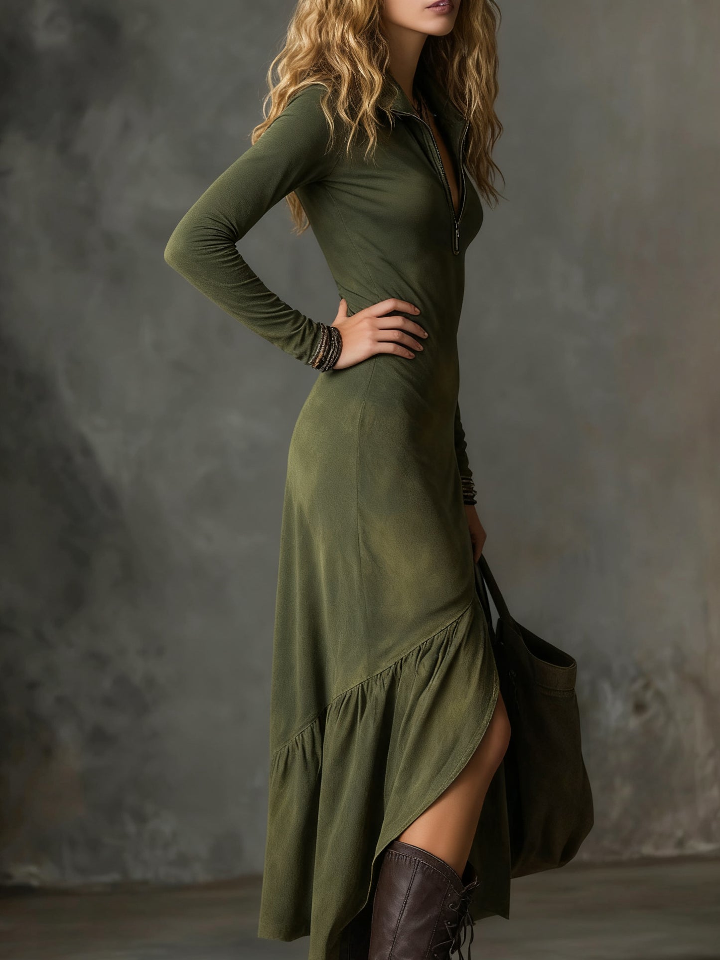 Women's Winter Office Dress - Sexy Half-Zip Collar Midi Dress with Split Hem, Slim-Fit Long Sleeve Solid Color Dress for, Meetings & Semi-Formal Events, Machine Washable (No Elasticity)