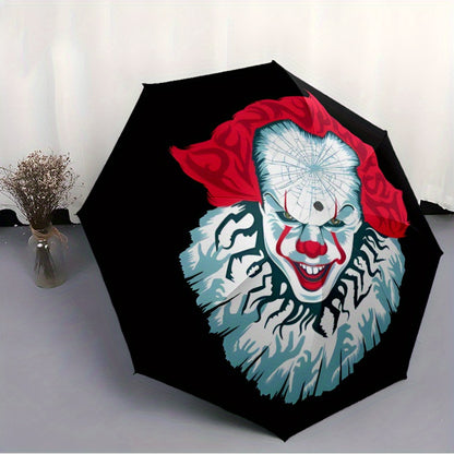 Pennywise Inspired Automatic Folding Umbrella - Durable 8-Rib Design, Portable Travel Umbrella with Vibrant Pennywise Face Artwork, Black with Red & White Stripes, Perfect Holiday Gift for Fans, Stylish & Functional Accessory