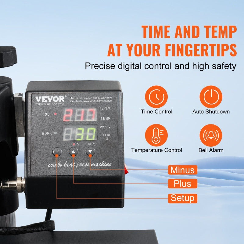 Quality Assurance Heat Press Machine 15x15Inch 8pcs 1050W Combo Digital Multifunctional Sublimation Heat Transfer Machine Dual Display for T Shirts Hat Mug Cap Plate Swing Away Design Premium Quality