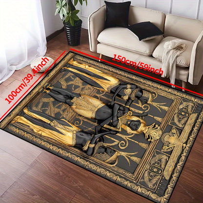 Egyptian Three Golden Men Carpet - Machine Washable Luxury Mat with Golden & Design, Rectangular Floor Mat for Living Room, Bedroom, Office, Outdoor - Durable Polyester Home Decor Mat, Rugs For Living Room, Bedroom Accent, El