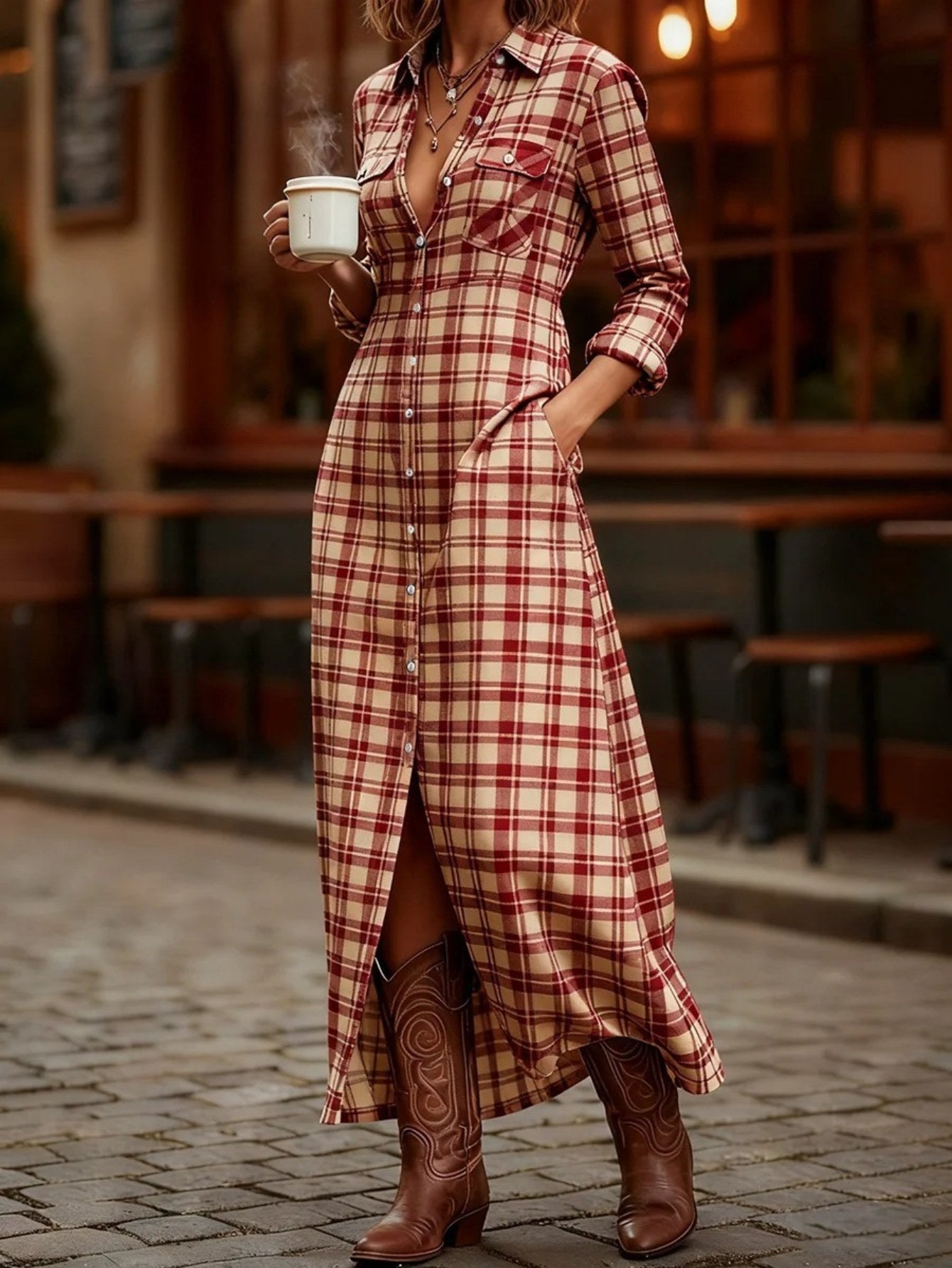HERTALKA Fashionable Women's Dress with a Retro Checkered Long-sleeved Style