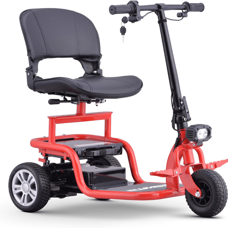 New Arrival- Portable 3-Wheel Electric Mobility Scooter | Lightweight & Foldable | 300lb Capacity | LED Lights | Rotatable Seat | Perfect for Seniors & Adults | Black/Red