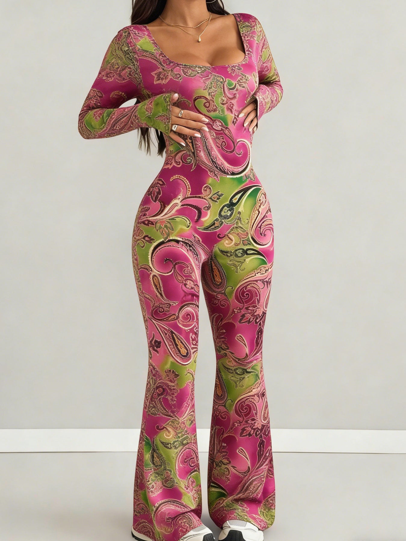 Women'S Jumpsuit Set | Casual Fashionable Sexy, Loose U-Neck Cut, Slim Fit, Pink Green Paisley Print, Long Sleeve Flared Leg, Versatile Use, Suitable for Multiple Occasions & Seasons, Ideal for Outdoor