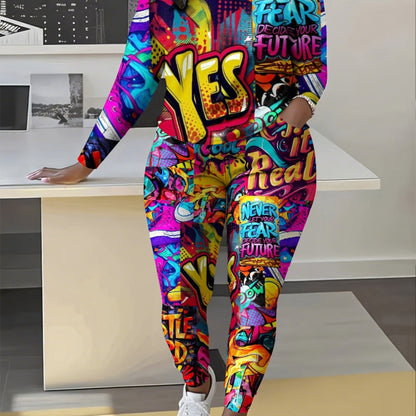 Women's Trendy Full Print Street Art Collage long sleeves and trousers Set, Colorful Street Art Collage Long-Sleeve Pants Outfit for Party Events, Travel And Gatherings Two-Piece Long Sleeve Trouser Ensemble Suitable for Dail