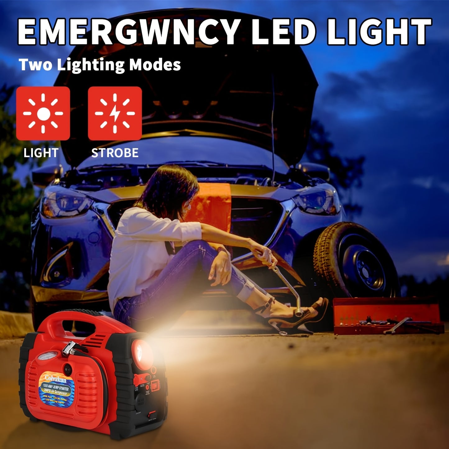1000 Amp 12V Portable Car Jump Starter with Air Compressor, & Fast Charge - Heavy-Duty 260PSI Air, USB/ Lighter Power, Lithium-like Lead Acid Battery Booster for Trucks, RV, Boats, Motorcycles (Battery &