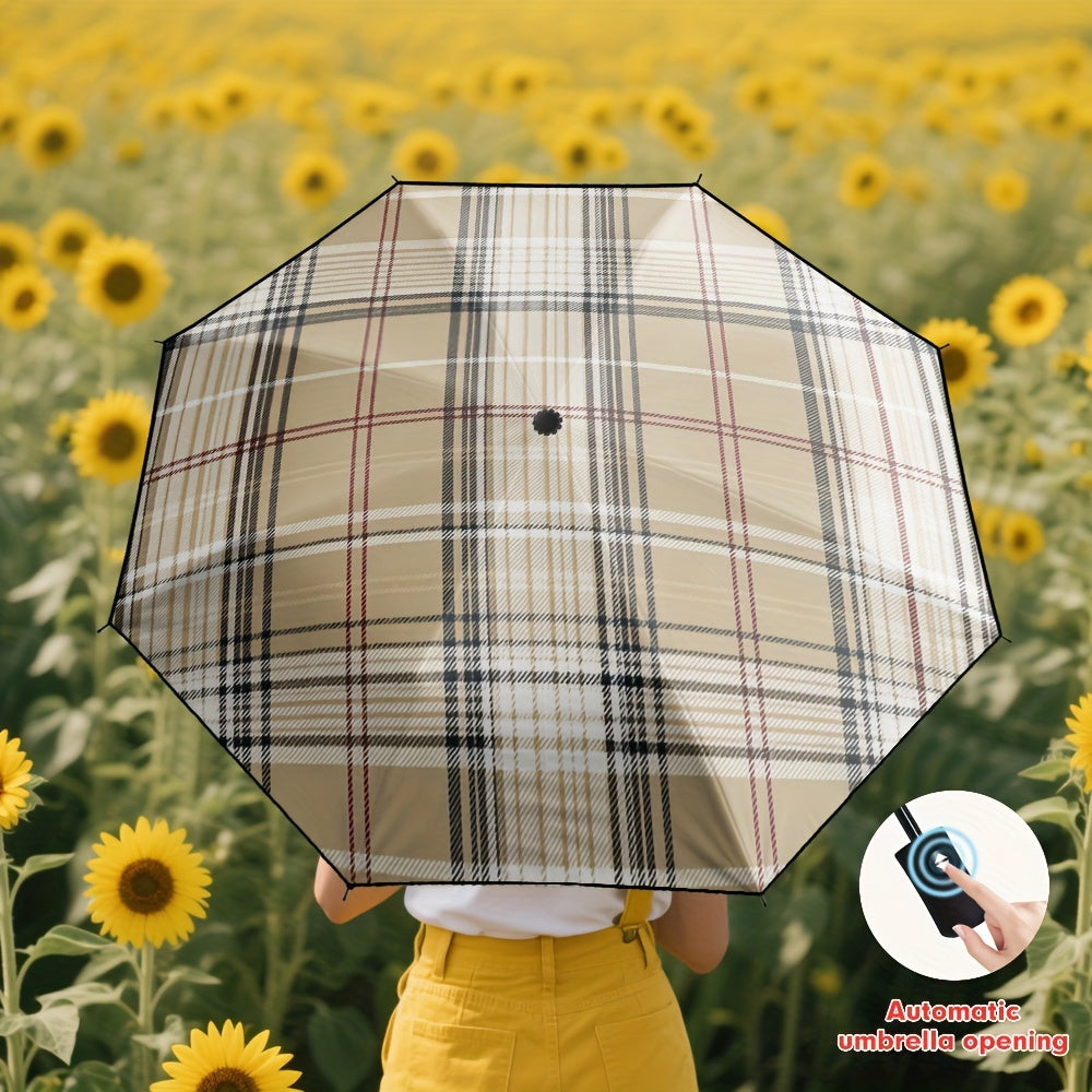 1pc Automatic Open/Close Blocking Umbrella with One-Touch Button, Beige Plaid Checkered Canopy, 10-Rib-like (8-Rib) Frame, Windproof & Portable Compact Travel Umbrella for s, Hiking, Beach, Commuting,  or