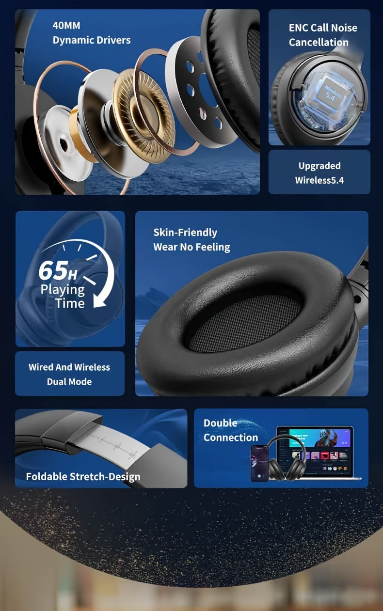 Wireless Noise Cancelling Headphones, Wireless Earbuds With Deep Bass, HiFi Stereo Sound Low Latency, Lightweight Foldable Headphones With Built-in Microphone, For Work Laptops, Mobile Phones, On-head Gaming Headphones, Compa