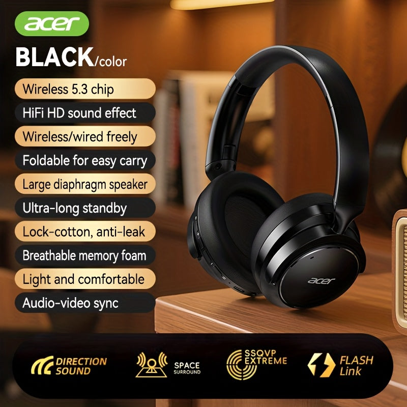 Acer OHR560 Over-Ear Headphones with Noise Cancelling, Ultra-Long Battery Life, Wireless/Wired Dual Mode, Low-Latency Gaming, Comfortable Fit, Foldable & Portable, Halloween/christmas Gift For Gaming, Music, Sports