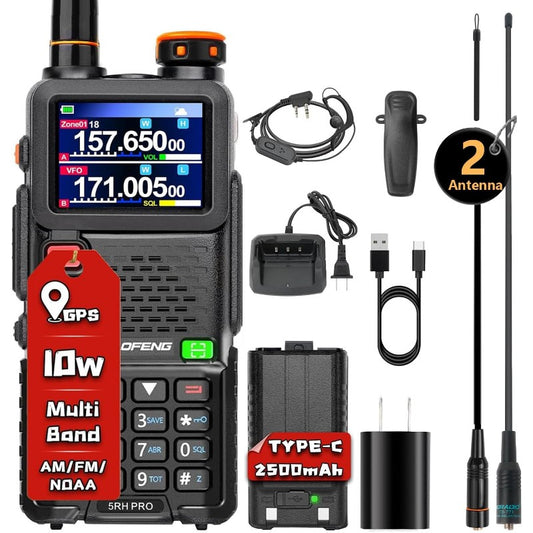 BAOFENG 5RH PRO Ham Radio Handheld GPS APRS 10W Tri Band Long Range Two Way Radio 640CH NOAA Weather Walkie Talkies with Aviation 771 High Gain Antenna Type C Charging for Camping Hinking 1 Pack