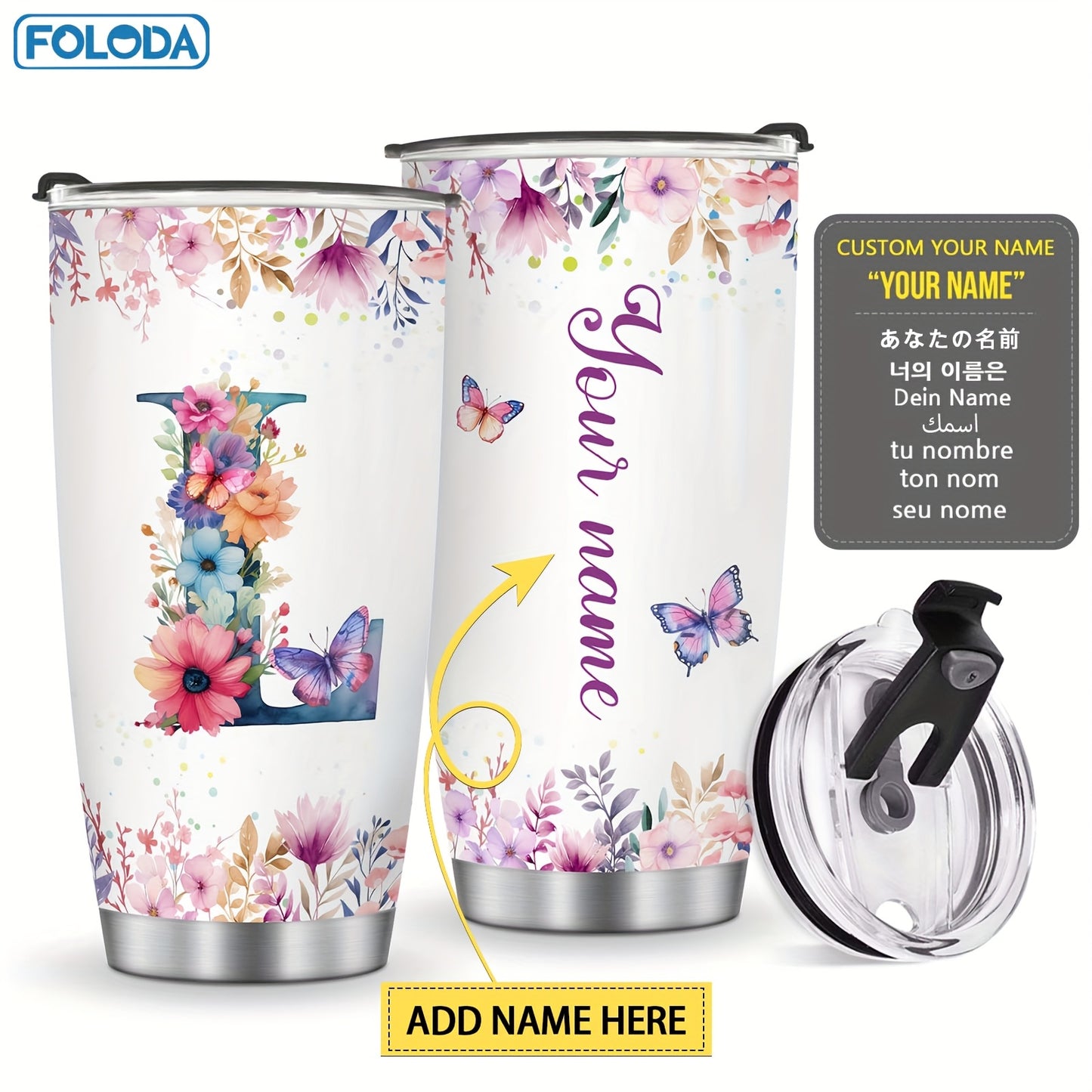 Foloda 1pc Personalized Flower Initials Tumbler Christmas Gift 20oz Mug with Letter Flower Butterfly, Travel Cup for Wedding Birthday Graduation Party, Birthday Valentine's Day Mother's Day Gifts Stainless Steel Mug with Lid