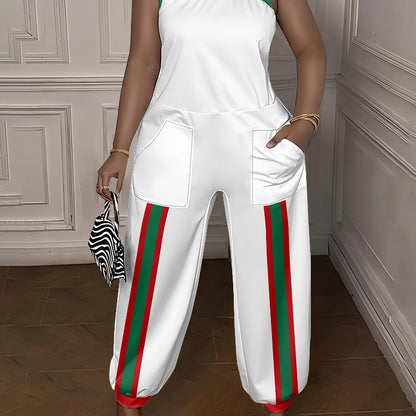 Women'S Elegant Off-the-Shoulder Harem Pantjumpsuit - Black & Green Striped Digital Print, Sleeveless Regular Fit Long Length Casual Streetwear for Spring Summer Fall, Versatile Outfit, Comfortable Wear