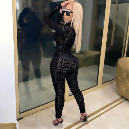 Women's Sexy One-Piece Outfit - Non-Transparent Long Sleeve Jumpsuit, Machine Washable Party & Everyday Jumpsuit for Women (S-XXL) - D9459