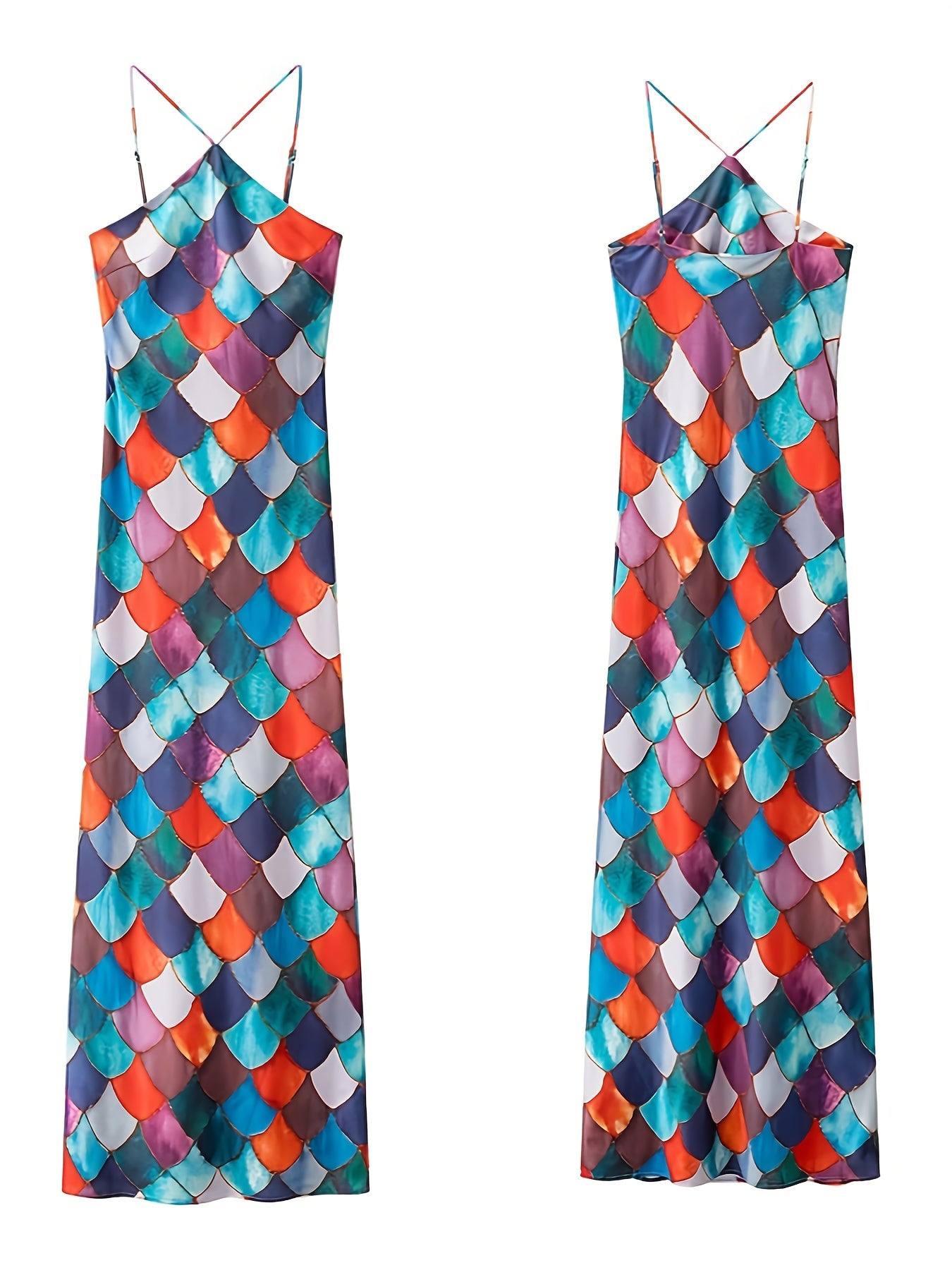 A Bodycon Dress with a Halter Neck Design Inspired by Y2K, Featuring a Glamorous Scale Print, Perfect for Summer Parties, Streetwear, And Beach Outings (Can Be Paired with Heels Or Straw Bags)