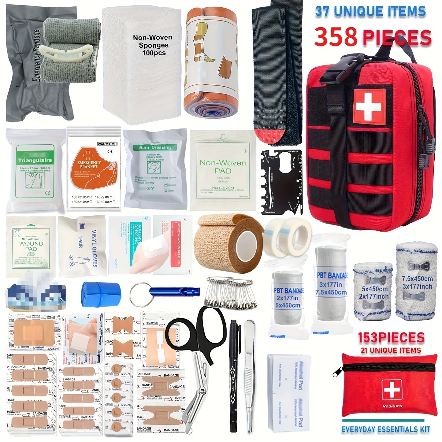 358pcs/153pcs Ultimate Tactical First Aid Kit With IFAK Pack - All-in-One Emergency Supplies, Portable & Durable Orange/Red/ Outdoor Kit With Tweezers, Fracture Splint, Whistle, Scissors & More For Hiking, Camping, Hunting, C
