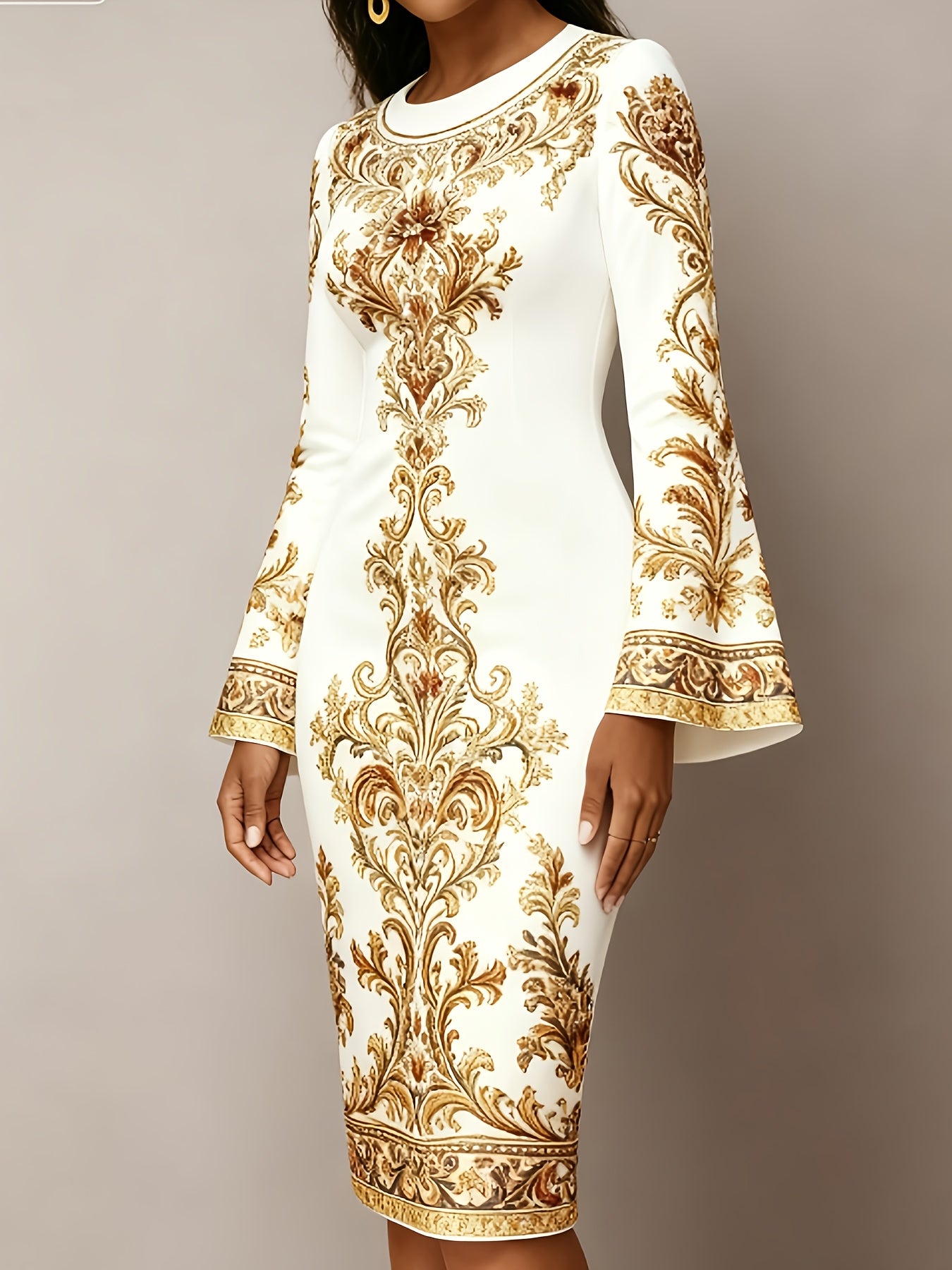 Champagne Golden Premium 2D Flat Print - Not Fabric Texture, Women's Long Flared Sleeves, Hip Hugging Slim Fit, Thin Dress, Slim Fit, Comfortable Fabric, Fashion, Women's Daily Travel, Elegant Leisure, Dating Party, Mature, S