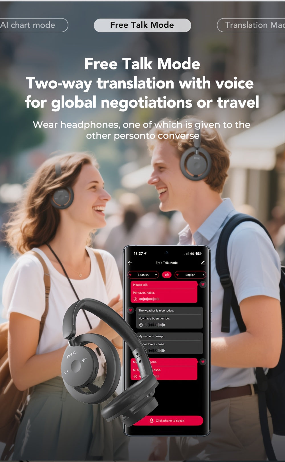 1pc HTC HP06 OWS Translation Headset: Real-Time Face-to-Face Translation in 135 Languages, Wireless Wireless Headphones with Call Noise Cancelling, Long-Lasting Battery, Lightweight Over-Ear design for Gaming, Travel, Busines