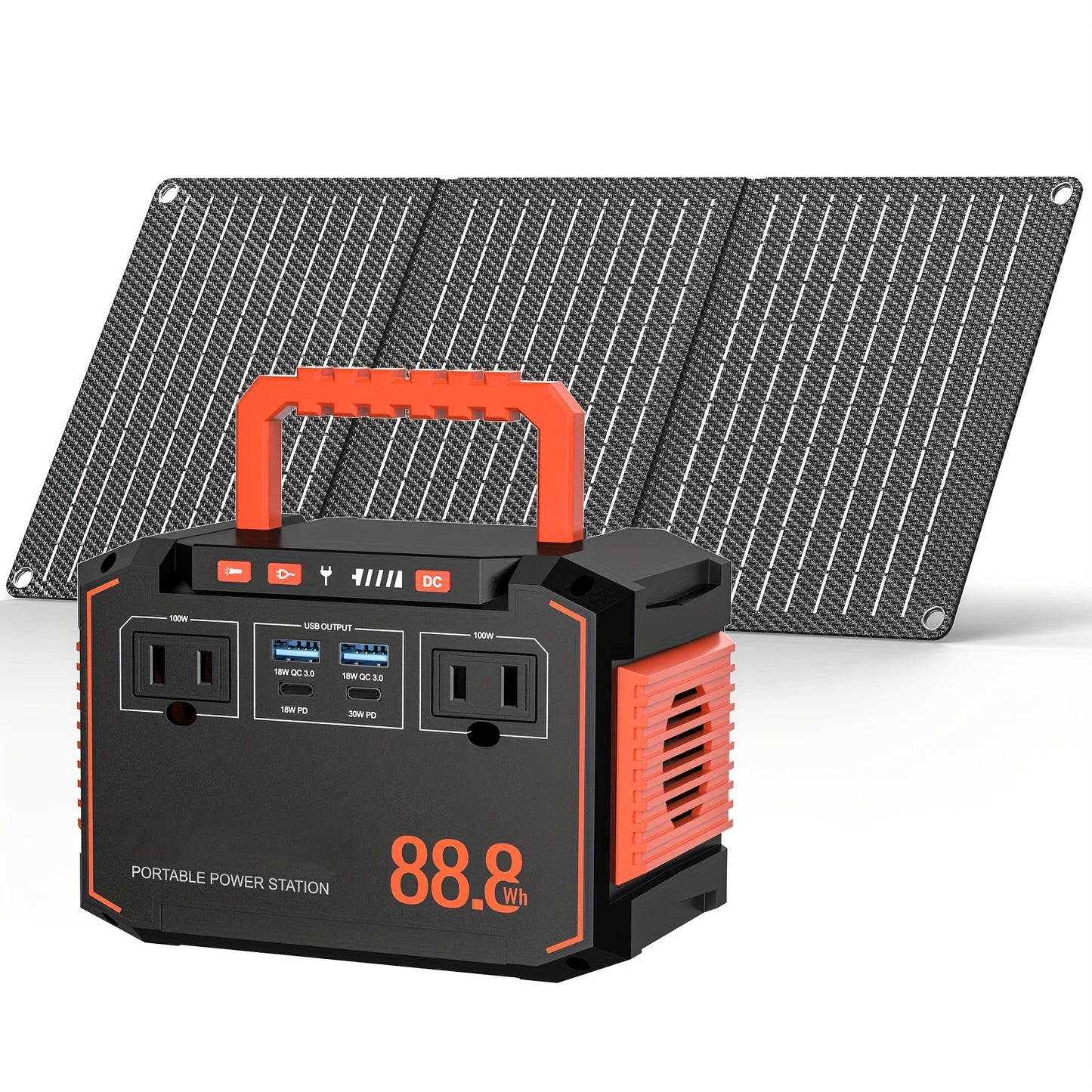 150W/300W Portable Camping Power Station 88.8Wh/111Wh/240Wh With 30/60W Solar Panel Or 88.8Wh/240Wh.with 2*AC/USB-C PD/USB QC3.0/DC Output, LED Emergency Power Light For Outdoor Camping, RV Traveling, Emergencies For Christma