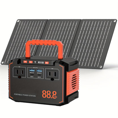 150W/300W Portable Camping Power Station 88.8Wh/111Wh/240Wh With 30/60W Solar Panel Or 88.8Wh/240Wh.with 2*AC/USB-C PD/USB QC3.0/DC Output, LED Emergency Power Light For Outdoor Camping, RV Traveling, Emergencies For Christma