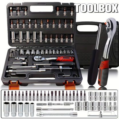 170+2/53+1pc Professional Car Repair Tool Set, Ratchet Wrench And Durable Toolbox, 1/2 * 1/4 "3/8" Drive Depth And Standard Socket, Suitable For Car Repair, Home And Projects, Worry Free Operation For Men And Women, Christmas