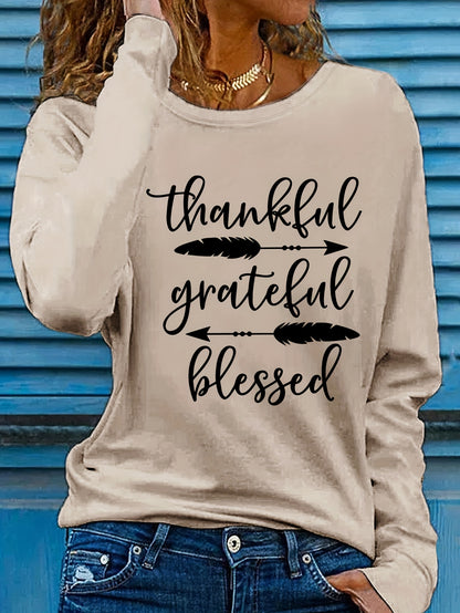 Women's Beige Thankful Grateful Blessed Print Long Sleeve T-Shirt - Loose Fit Round Neck Casual Top with Cursive Lettering & Accent, Soft Comfortable Fabric for Fall Winter Casual Attire, Thanksgiving Christian Apparel, Sprin