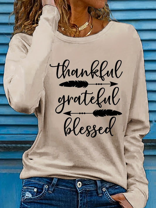 Women's Beige Thankful Grateful Blessed Print Long Sleeve T-Shirt - Loose Fit Round Neck Casual Top with Cursive Lettering & Accent, Soft Comfortable Fabric for Fall Winter Casual Attire, Thanksgiving Christian Apparel, Sprin