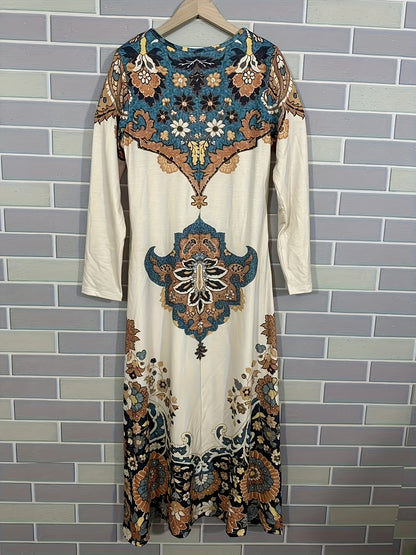 Women's Vintage Paisley Print A-Line Maxi Dress - Scottish Tartan Dress with Paeisle Pattern, All-Season Machine Washable Wedding Guest Gown, Casual & Formal Wear