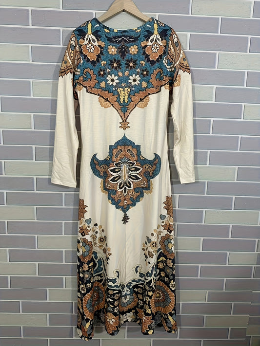 Women's Vintage Paisley Print A-Line Maxi Dress - Scottish Tartan Dress with Paeisle Pattern, All-Season Machine Washable Wedding Guest Gown, Casual & Formal Wear