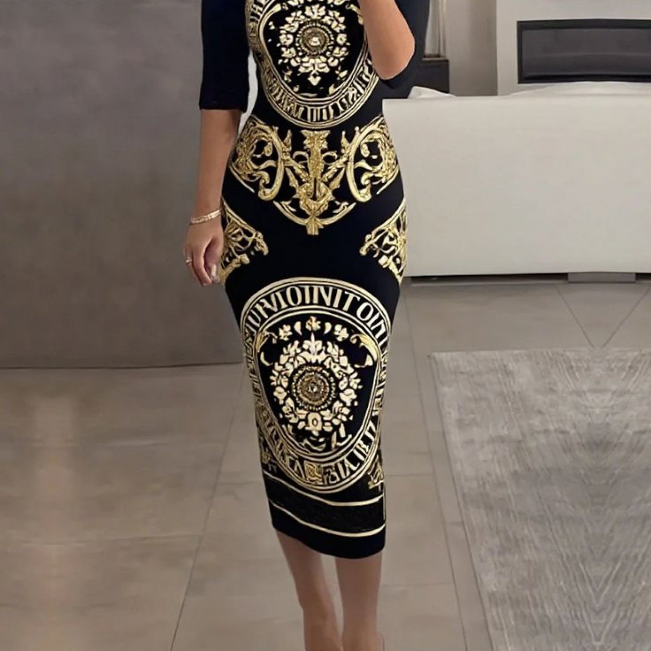 Plus Size - Plus Size, Women'S Elegant Black & Golden Baroque Totem Print Dress - Slim Fit Tall Length, Stretchy Light Beige-Friendly Fabric, Round Neck Short Sleeve, Luxury for party Dating & Everyday Outfit, All-Season Vers