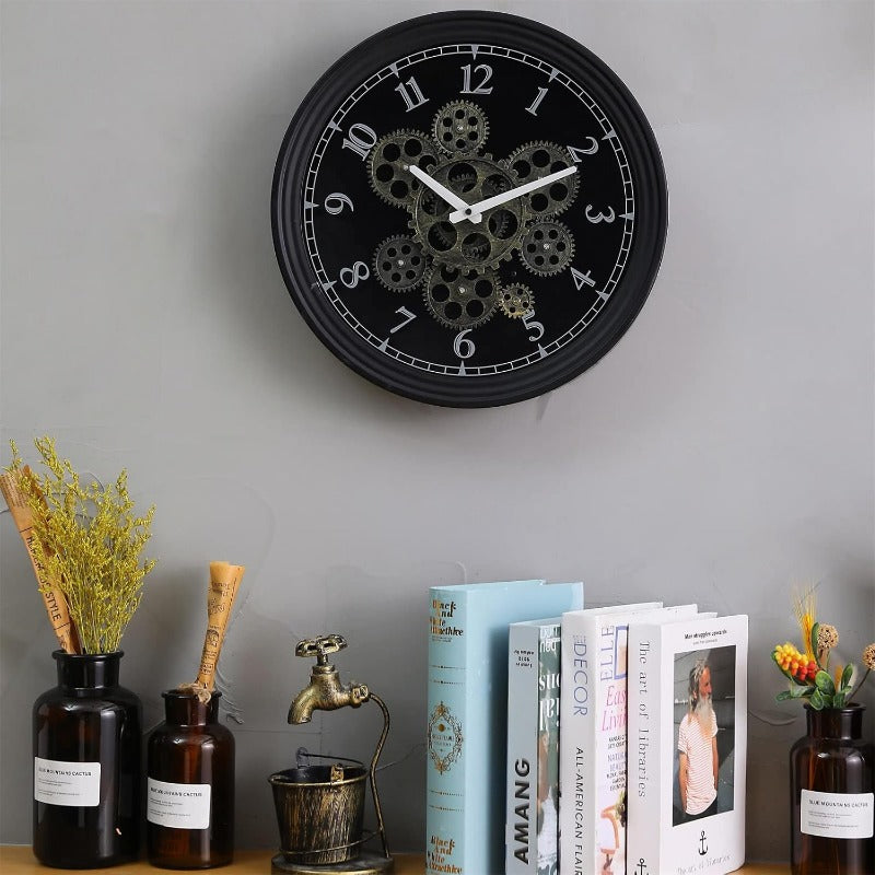 15 Inch Vintage Industrial Steampunk Metal Wall Clock with Moving Gears - Large & Golden Gear Mechanism, No Electricity Needed