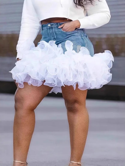 Plus Size, Plus Size Women's Summer 2025 New Tulle Splicing Washed Sexy Denim Skirt Short Skirt