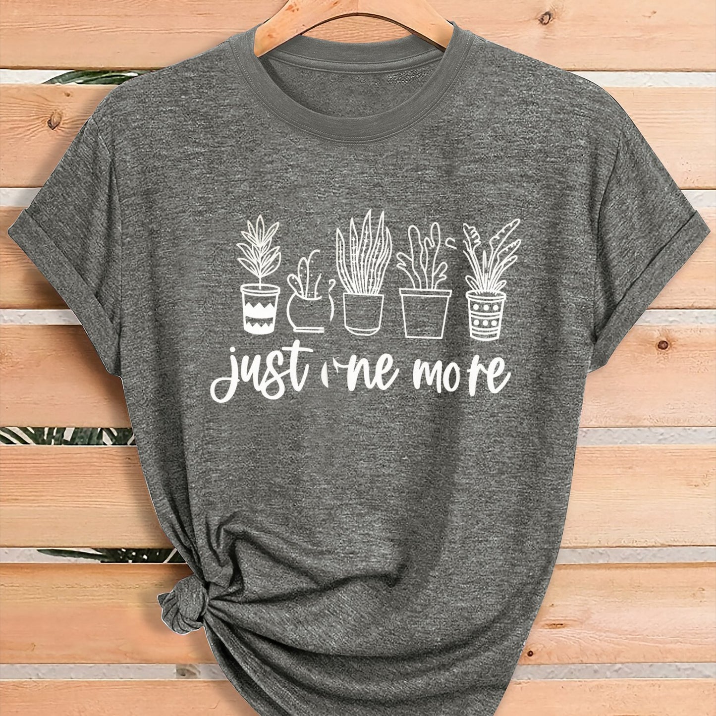 Women'S Green Plant Print T-Shirt with "Just One More" Slogan & Cactus/Succulent Design - Breathable Round Neck Casual Streetwear Top for Gym, Casual Attire, All-Season Comfort - Funny Botanical Graphic Tee for Plant Lovers,
