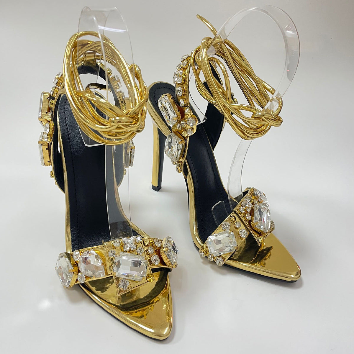 Women'S Rhinestone-Adorned Cross Strap Open-Toe High Heel Sandals - Ultra-High Stiletto Heels, PU Cover Upper & Lining, European & American Style Elegant Party & Formal Dress Shoes with Cushioned Insole, Durable Rubber Sole -