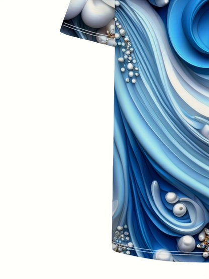 Women'S Plus Size Casual Crew Neck Short Sleeve Floral Top - Blue & White Swirl Print, Lightweight Summer Pullover with Pearl Embellishments, Regular Fit, Summer Top|Floral Print Top| Construction, Ladies T Shirts