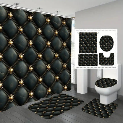 Set of 4 Luxurious Black And Golden Shower Curtains Featuring an Intricate Button Design - Comes with a U-Pad, Cover Cap, And Two Hooks - Made from Polyester, Measuring 31.5X31.5inch, Perfect for Elegant Bathroom Decor, Styli