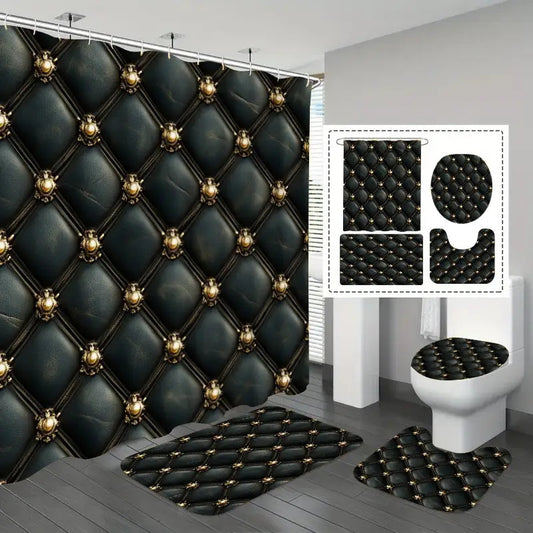 Set of 4 Luxurious Black And Golden Shower Curtains Featuring an Intricate Button Design - Comes with a U-Pad, Cover Cap, And Two Hooks - Made from Polyester, Measuring 31.5X31.5inch, Perfect for Elegant Bathroom Decor, Styli